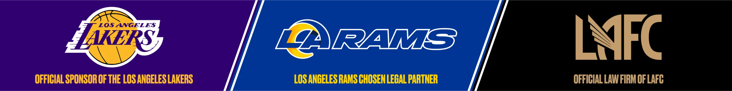 Three panels display official partnership logos: Los Angeles Lakers on purple, LA Rams on blue, and LAFC on black, each with text stating official sponsorship or partnership with leading personal injury attorneys for the respective team.