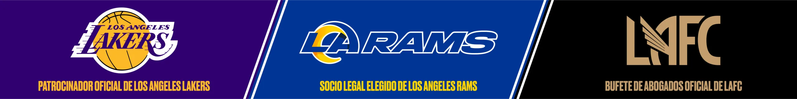 A banner displays the logos of the LA Lakers, LA Rams, and LAFC on colored backgrounds with text below: "Patrocinador oficial de Los Angeles Lakers," "Socio real heredity de Los Angeles Rams," and "Abogados expertos en car accidents para LAFC.