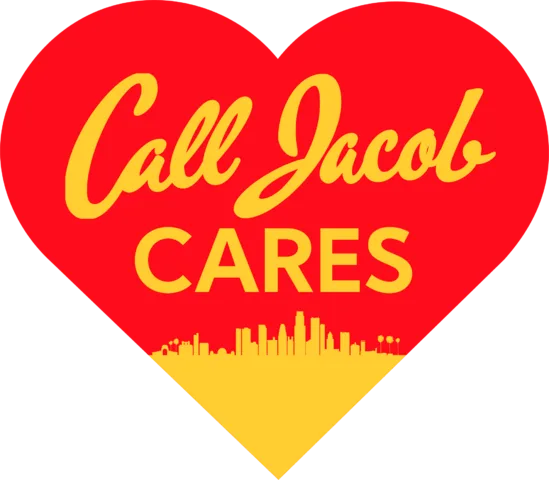 A red and yellow heart with the words "Call Jacob CARES" in bold lettering. The bottom of the heart features a yellow city skyline with palm trees, highlighting car accidents and personal injury attorney services.
