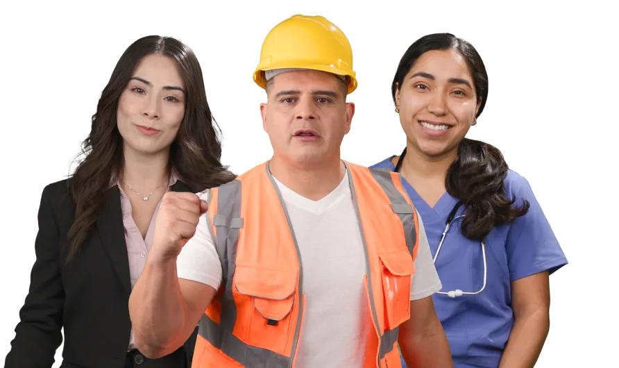 Three people stand together: a woman in a business suit, possibly lawyers, a man in construction gear with a raised fist, and a woman in medical scrubs smiling—all representing those affected by car accidents or personal injury cases.