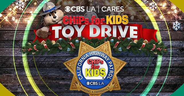 Festive banner for the CHiPs for Kids Toy Drive, featuring a bear mascot in a patrol hat, holiday garland, and the California Highway Patrol badge with "chips for kids toy drive" and "CBS LA" logos.