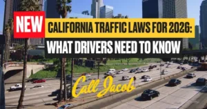 A busy Los Angeles freeway with cars driving in both directions. Overlaid text reads: "California new traffic laws 2026: What drivers need to know. Call Jacob." Tall buildings and palm trees are visible in the background.