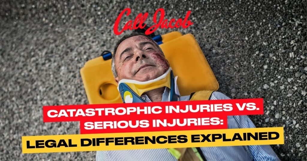 An injured man lies on a stretcher with a neck brace. Text reads: "Call Jacob. Catastrophic Injuries vs. Serious Injuries: Legal Differences Explained.