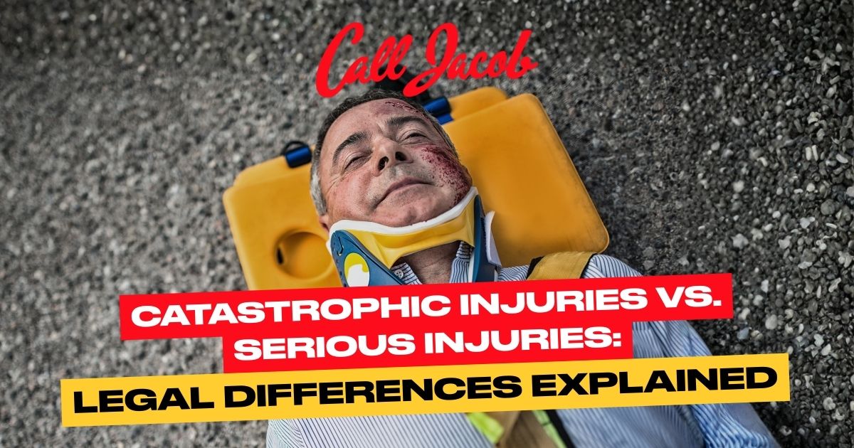 An injured man lies on a stretcher with a neck brace. Text reads: "Call Jacob. Catastrophic Injuries vs. Serious Injuries: Legal Differences Explained.