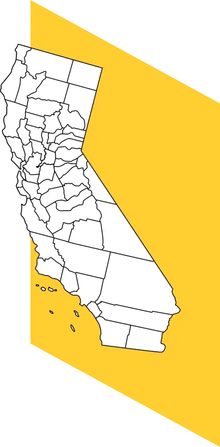A white map of California with its counties outlined in black, placed over a solid yellow background that extends beyond the state’s borders.