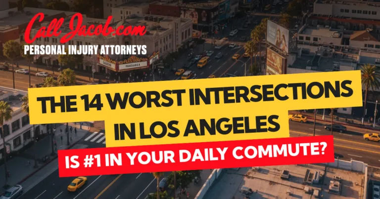 Aerial view of a busy Los Angeles intersection with text: "The 14 Worst Intersections in Los Angeles. Is #1 in your daily commute?" and "Call Jacob.com Personal Injury Attorneys" in the top left corner.