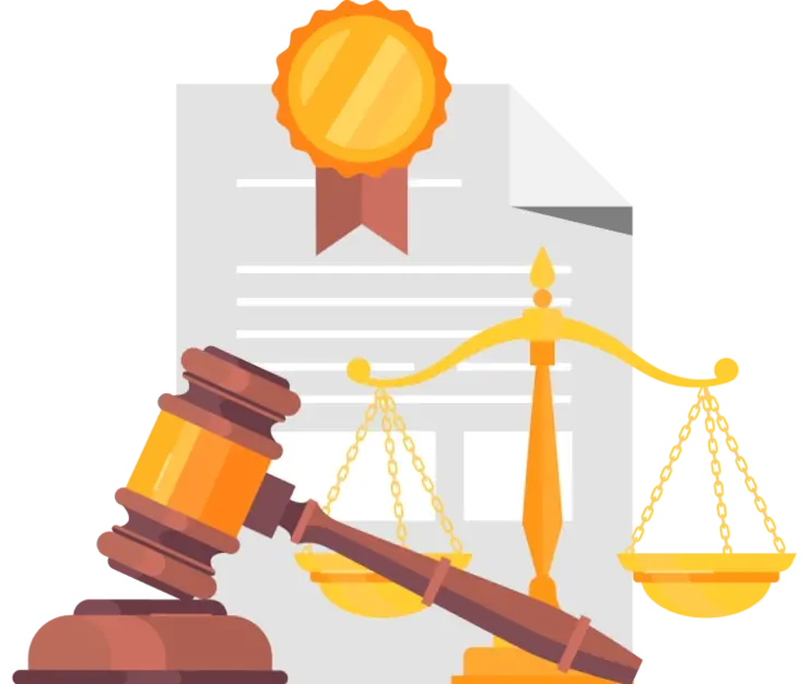 Illustration of a judge’s gavel, golden scales of justice, and a legal document with a gold seal and ribbon, symbolizing law and justice.