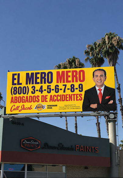 A bright yellow billboard above a paint store features a man in a suit, advertising accident lawyers with bold Spanish text, a large phone number, Lakers logo, and palm trees in the background.