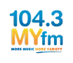 Logo for 104.3 MYfm with text in blue, yellow, and orange. Below, it reads "MORE MUSIC MORE VARIETY" with a curved orange line beneath the words.