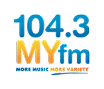Logo for 104.3 MYfm with text in blue, yellow, and orange. Below, it reads "MORE MUSIC MORE VARIETY" with a curved orange line beneath the words.