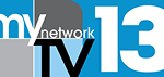 Logo featuring the words “my network TV 13” in white and black text on a blue, gray, and white background with overlapping rectangles.
