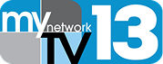 Logo featuring the words “my network TV 13” in white and black text on a blue, gray, and white background with overlapping rectangles.