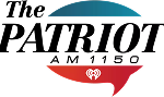 Logo for “The Patriot AM 1150” radio station with bold black text and a speech bubble behind, shaded blue at the top and red at the bottom with a small heart-shaped radio waves icon in white.