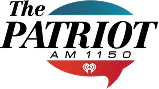 Logo for “The Patriot AM 1150” radio station with bold black text and a speech bubble behind, shaded blue at the top and red at the bottom with a small heart-shaped radio waves icon in white.