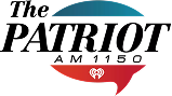 Logo for “The Patriot AM 1150” radio station with bold black text and a speech bubble behind, shaded blue at the top and red at the bottom with a small heart-shaped radio waves icon in white.