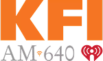 Logo for KFI AM 640 radio station. Large orange letters "KFI" appear above smaller gray letters "AM 640" with a red iHeartRadio heart logo on the right.