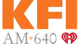 Logo for KFI AM 640 radio station. Large orange letters "KFI" appear above smaller gray letters "AM 640" with a red iHeartRadio heart logo on the right.