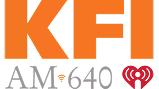 Logo for KFI AM 640 radio station. Large orange letters "KFI" appear above smaller gray letters "AM 640" with a red iHeartRadio heart logo on the right.