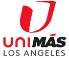 Logo for UniMás Los Angeles featuring a stylized red "U" above the words "UniMás" in red and black, and "Los Angeles" in black text below.