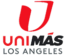 Logo for UniMás Los Angeles featuring a stylized red "U" above the words "UniMás" in red and black, and "Los Angeles" in black text below.