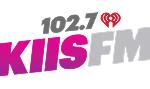 The logo for 102.7 KIIS FM features bold pink and gray text with a red iHeartRadio heart symbol above the "FM" part.
