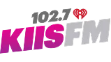 The logo for 102.7 KIIS FM features bold pink and gray text with a red iHeartRadio heart symbol above the "FM" part.