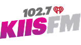 The logo for 102.7 KIIS FM features bold pink and gray text with a red iHeartRadio heart symbol above the "FM" part.