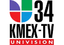 KMEX-TV channel 34 logo with the Univision symbol and colors above the text "KMEX-TV" in black, and "UNIVISION" in white letters on a red background at the bottom.