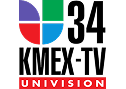 KMEX-TV channel 34 logo with the Univision symbol and colors above the text "KMEX-TV" in black, and "UNIVISION" in white letters on a red background at the bottom.