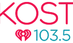 Logo for KOST 103.5 FM, featuring "KOST" in large red letters, a small red heart with radio waves below, and "103.5" in blue beside the heart.