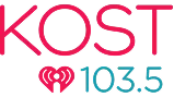 Logo for KOST 103.5 FM, featuring "KOST" in large red letters, a small red heart with radio waves below, and "103.5" in blue beside the heart.