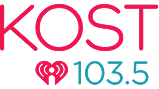 Logo for KOST 103.5 FM, featuring "KOST" in large red letters, a small red heart with radio waves below, and "103.5" in blue beside the heart.