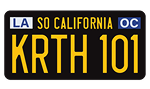 A black California license plate with yellow letters reading "KRTH 101." It features "LA" on the left, "SO CALIFORNIA" at the top, and "OC" on the right.