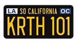 A black California license plate with yellow letters reading "KRTH 101." It features "LA" on the left, "SO CALIFORNIA" at the top, and "OC" on the right.
