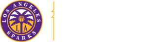 Los Angeles Sparks logo with purple and gold basketball and palm trees, next to the words "Proud Partner" in light gray text.
