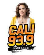 A woman with curly hair in a yellow hoodie stands behind bold text that reads "CALI 93.9" with "¡SIEMPRE DE FIESTA!" below it. The background is white.