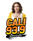 A woman with curly hair in a yellow hoodie stands behind bold text that reads "CALI 93.9" with "¡SIEMPRE DE FIESTA!" below it. The background is white.