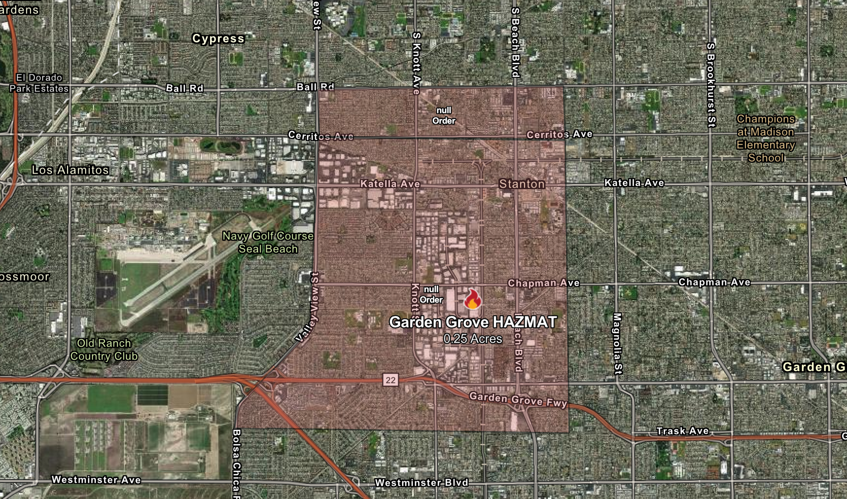 A map showing a shaded area labeled "Garden Grove Chemical Leak, 6.28 Acres" with streets and landmarks, including Stanton, Cypress, and nearby highways, highlights the location of a hazmat incident.