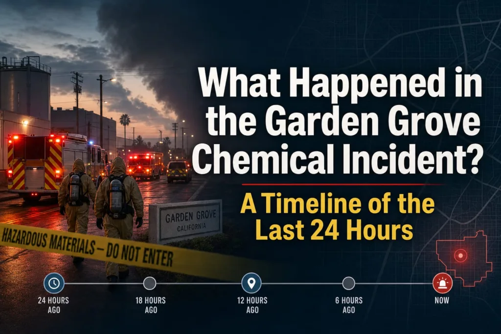 Two firefighters approach a cordoned-off area marked “Hazardous Materials” near emergency vehicles at night. Text reads: “What Happened in the Garden Grove Chemical Incident? A Timeline of the Last 24 Hours.”.