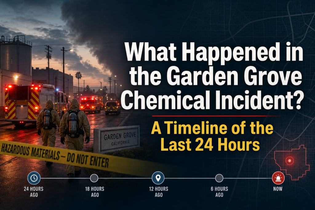 Two firefighters approach a cordoned-off area marked “Hazardous Materials” near emergency vehicles at night. Text reads: “What Happened in the Garden Grove Chemical Incident? A Timeline of the Last 24 Hours.”.