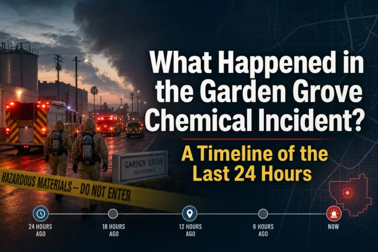 Two firefighters approach a cordoned-off area marked “Hazardous Materials” near emergency vehicles at night. Text reads: “What Happened in the Garden Grove Chemical Incident? A Timeline of the Last 24 Hours.”.