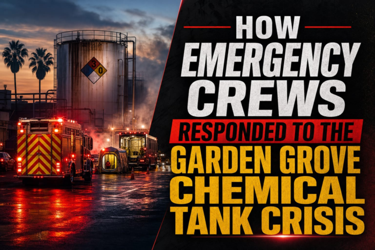 Fire trucks and emergency crews respond to a chemical tank emergency at sunset, with bold text reading “How Emergency Crews Responded to the Garden Grove Chemical Tank Crisis.”.