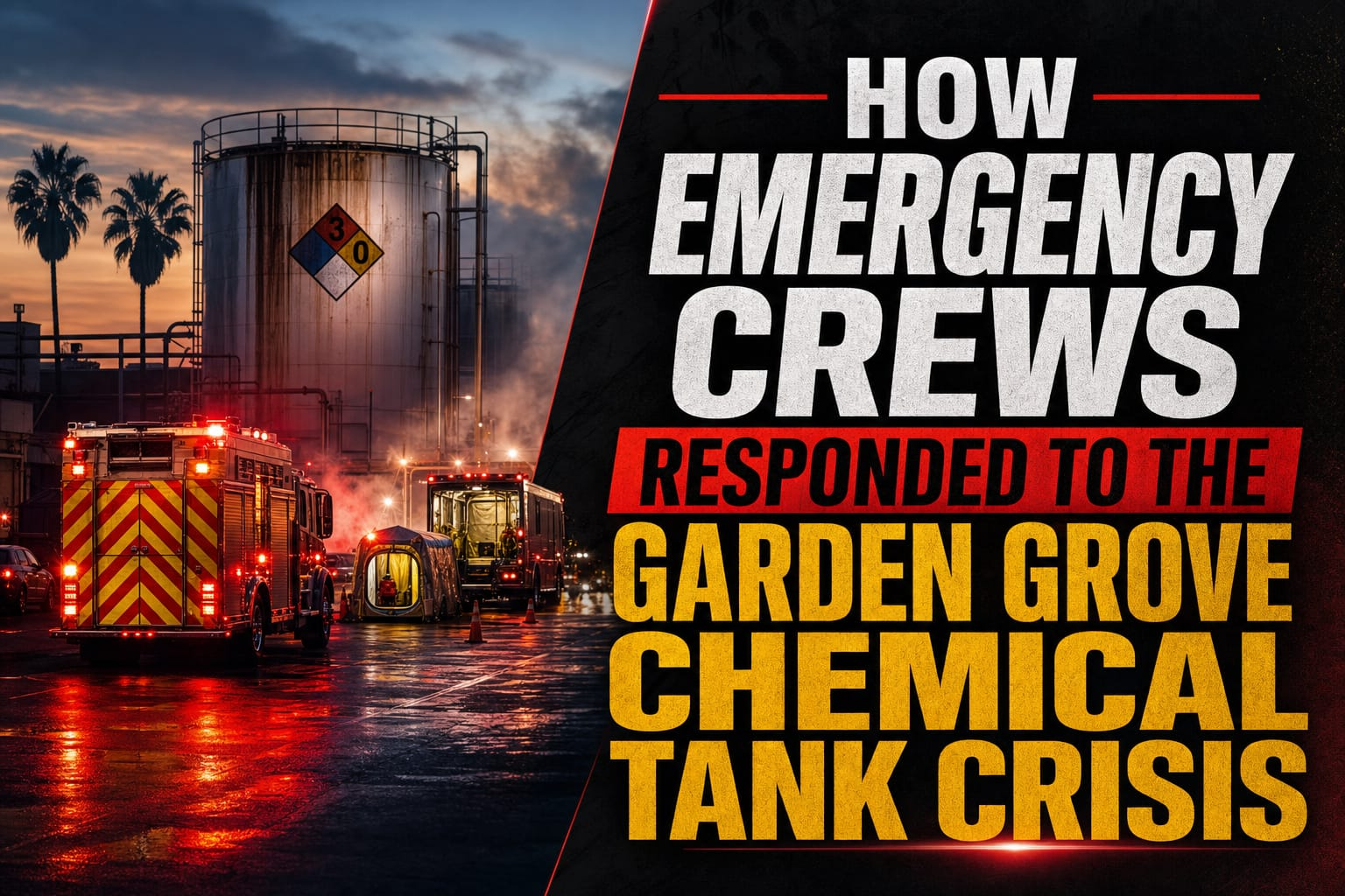 Fire trucks and emergency crews respond to a chemical tank emergency at sunset, with bold text reading “How Emergency Crews Responded to the Garden Grove Chemical Tank Crisis.”.