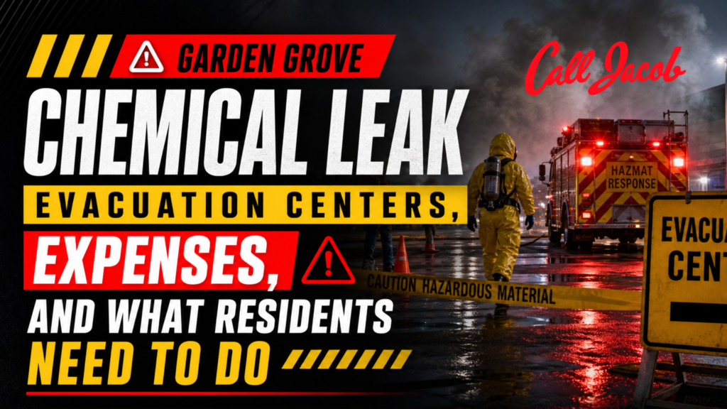 Garden Grove Chemical Leak: Evacuation Centers, Expenses, and What Residents Need to Do." A hazmat team responds to a chemical leak, with yellow caution tape and emergency vehicles visible.