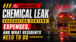Garden Grove Chemical Leak: Evacuation Centers, Expenses, and What Residents Need to Do." A hazmat team responds to a chemical leak, with yellow caution tape and emergency vehicles visible.
