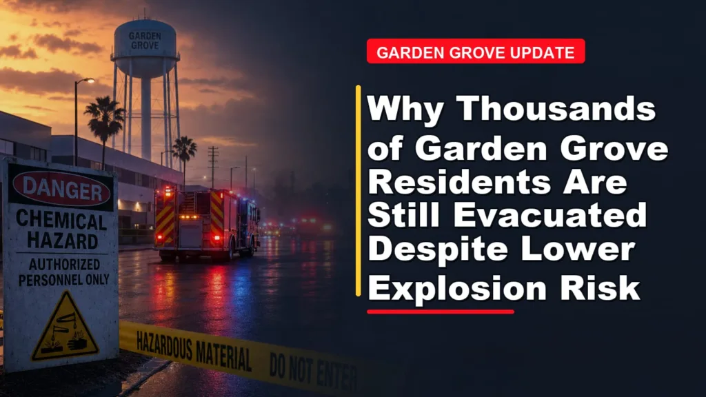 A fire truck near a chemical hazard zone in Garden Grove at dusk, with warning signs and caution tape. Text reads: "Why Thousands of Garden Grove Residents Are Still Evacuated Despite Lower Explosion Risk.