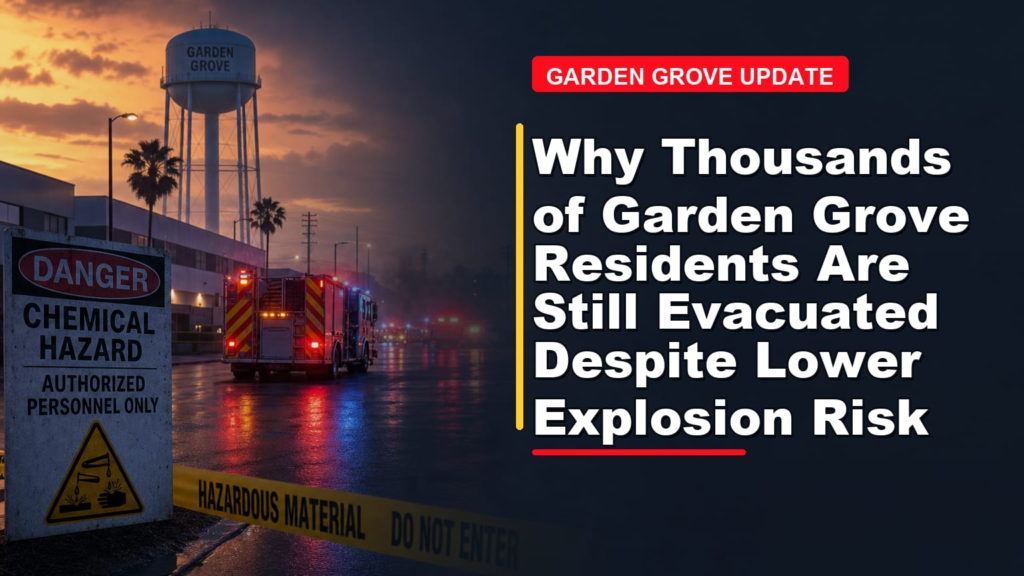 A fire truck near a chemical hazard zone in Garden Grove at dusk, with warning signs and caution tape. Text reads: "Why Thousands of Garden Grove Residents Are Still Evacuated Despite Lower Explosion Risk.