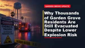 A fire truck near a chemical hazard zone in Garden Grove at dusk, with warning signs and caution tape. Text reads: "Why Thousands of Garden Grove Residents Are Still Evacuated Despite Lower Explosion Risk.