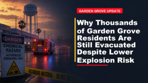 A fire truck near a chemical hazard zone in Garden Grove at dusk, with warning signs and caution tape. Text reads: "Why Thousands of Garden Grove Residents Are Still Evacuated Despite Lower Explosion Risk.