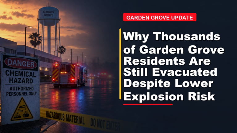 A fire truck near a chemical hazard zone in Garden Grove at dusk, with warning signs and caution tape. Text reads: "Why Thousands of Garden Grove Residents Are Still Evacuated Despite Lower Explosion Risk.